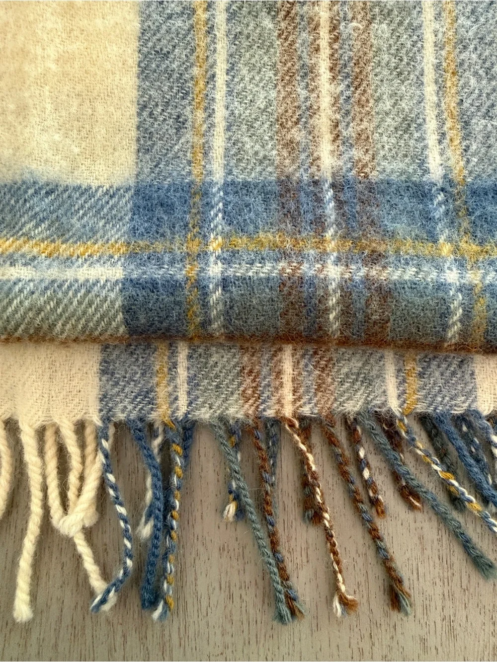 Johnstons of Elgin Lambswool Scarf Muted Blue Dress Stewart Plaid Scotland 74x14